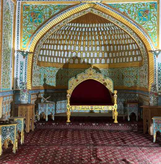 Throne room at Kunya Ark with a replacement throne - the original is in a Russian museum.