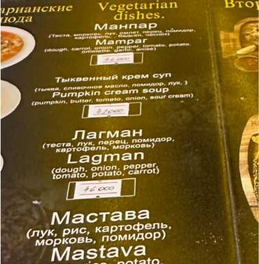 A random menu page showing vegetarian options (it's easy to transform some dishes, but ask for details). Dough means noodles.