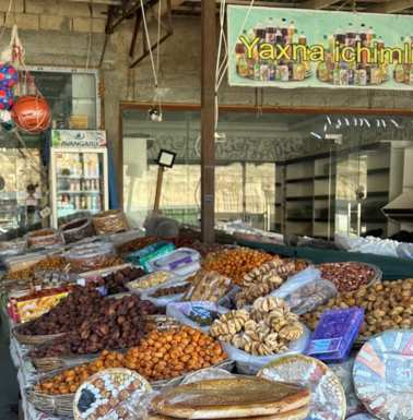 Only one row of the fruit, nuts, and produce at this roadside market outside Tashkent.