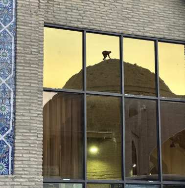 Reflection of worker on a dome at day's end, and dresses still displayed for sale.